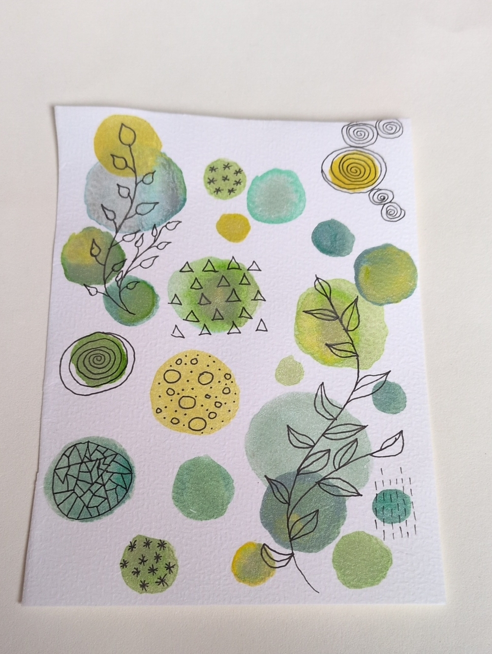 Abstract Botanical Watercolor Art in Green & Yellow